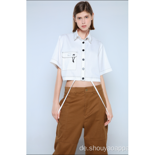 LADIES WHITE CROPPED BLOUSE MIT KURZEN ÄRMELN